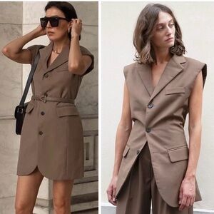Frankie Shop Sleeveless Padded Shoulder Blazer Dress Khaki XS/S